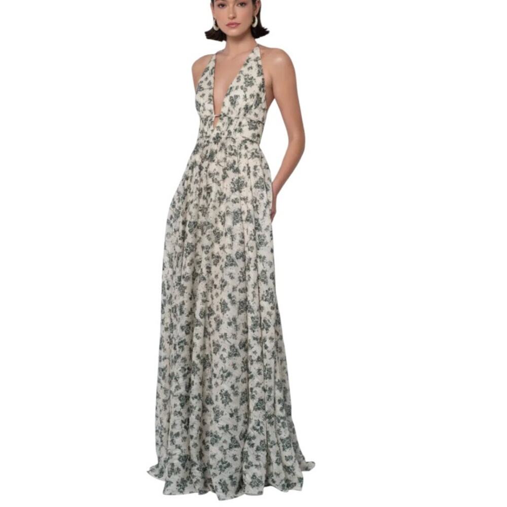 Jenny Yoo Robin Dress Loden Multi Green Floral Chiffon Halter Bridesmaid 10